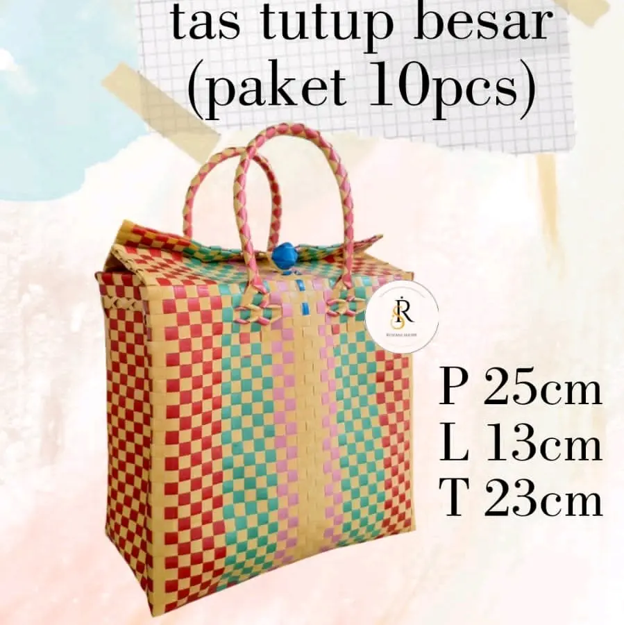 tas anyaman tutup besar (paket 10 pcs)/tas belanja/tas hampers/tas parcel/tas anyaman plastik