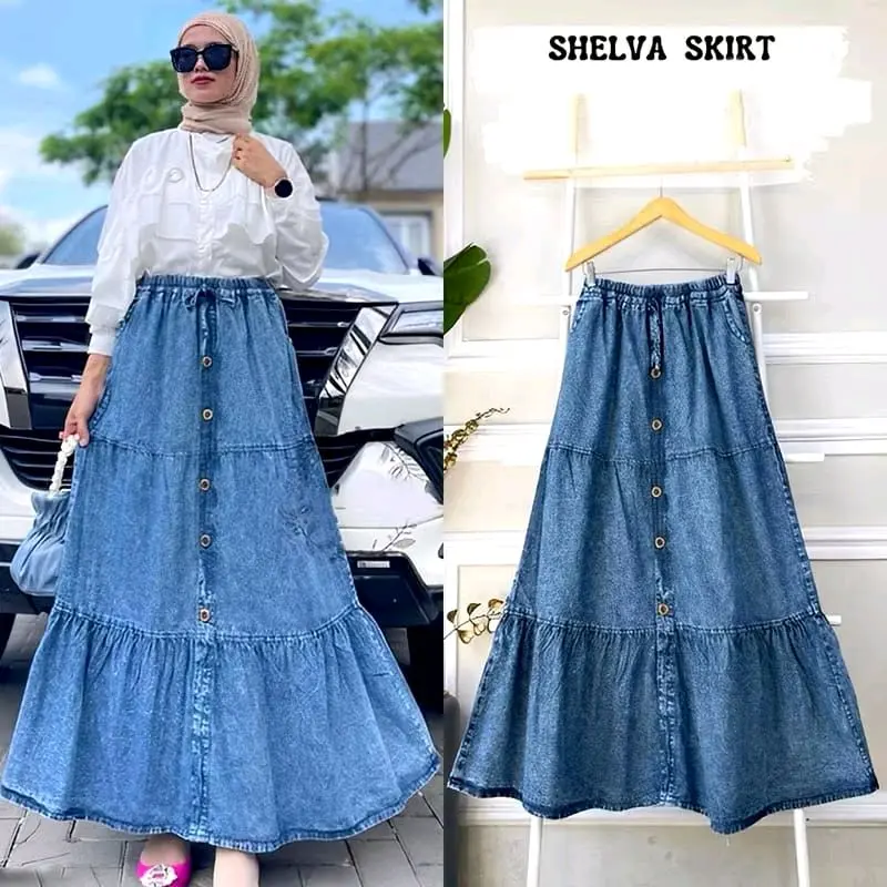 SHELVA SKIRT || ROK PAYUNG WANITA BAHAN JEANS Panjang Karet