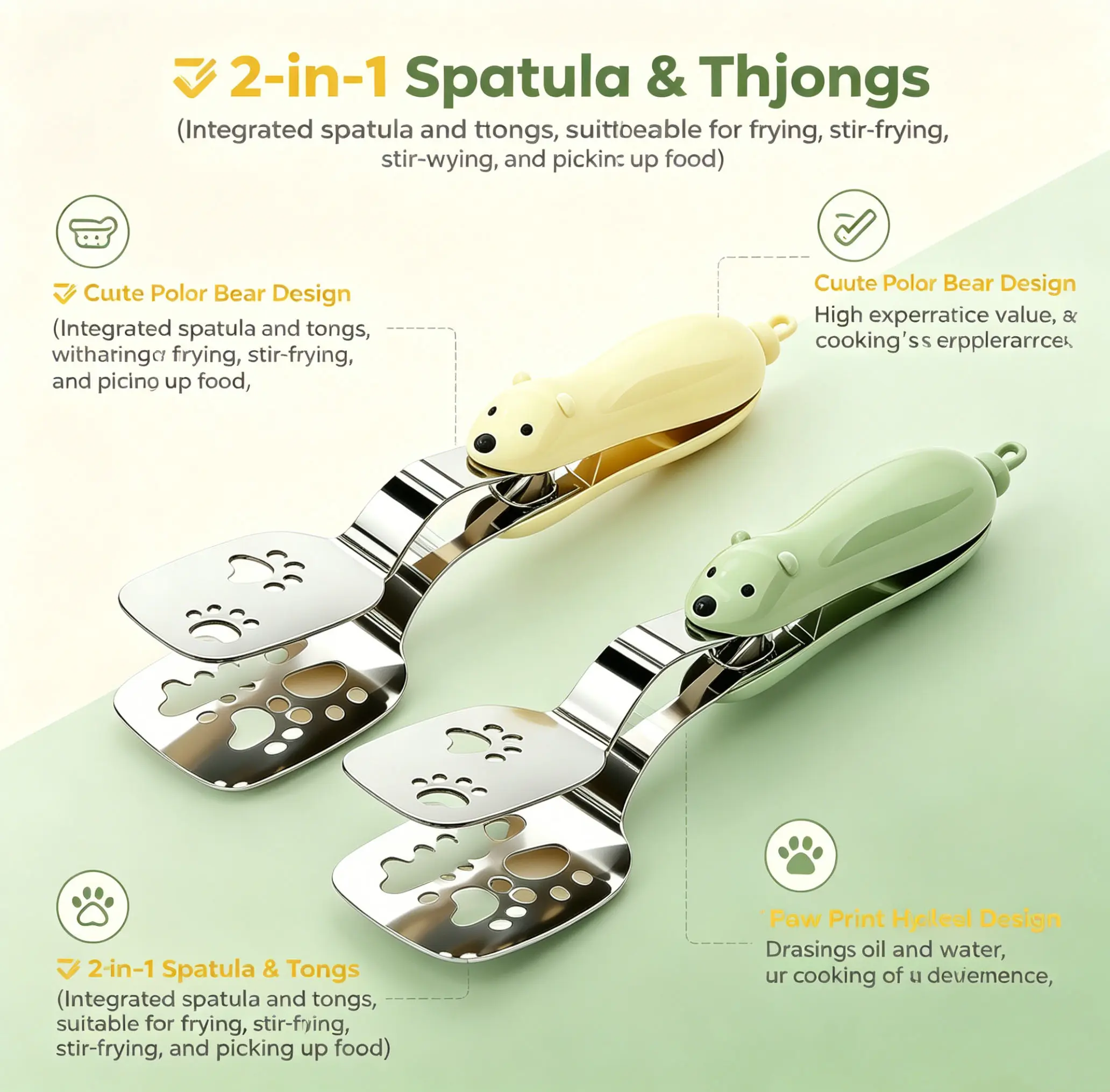 Cute Polar Bear Food Tongs, Stainless Steel Non-Sti Cooking Clips with Paw Print Cutouts, for Kitchen, BBQ, and Buffet - yellow