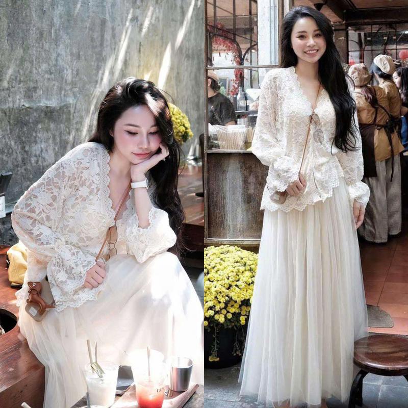 S902 (TÁO ĐỎ BIGSIZE 55-90KG) SET 3 MÓN THIẾT KẾ BIGSIZE ÁO REN CỔ V + ÁO ỐNG + CHÂN VÁY REN DÀI