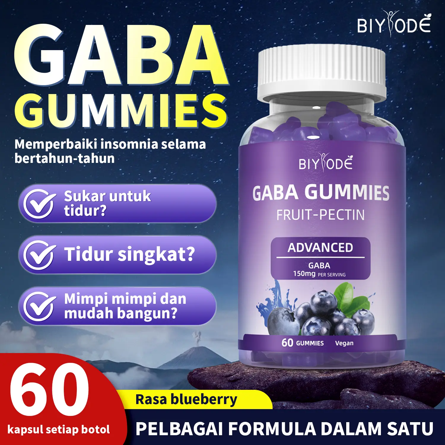 BIYOED GABA Gummies untuk Tidur Nyenyak | Dengan GABA Vitamin B L-Theanine Magnesium | Tenang Perbaiki Tidur Melegakan Tekanan Kualiti Mudah Tertidur Nikmati Mimpi Manis | Perisa Blueberry Supplement Vegan Tanpa Gula Bebas Melatonin 60 Gummies