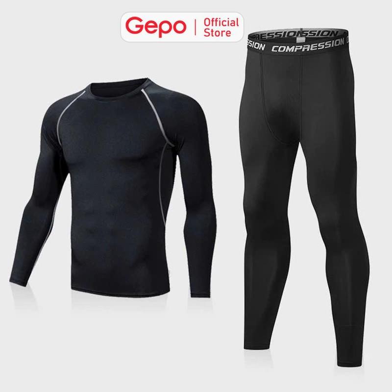 GEPO Bộ quần áo giữ nhiệt 2 in 1 nam dài tay chuyên tập gym chạy bộ đá bóng tập…