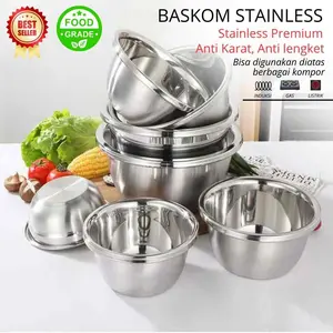 【6baskom】Set alat masak dapur lima bagian dari stainless steel, termasuk mangkok untuk mengocok telur yang tebal, mangkok untuk mencuci sayuran, panci untuk memasak mie, mangkok untuk menuangkan sup, dan mangkok untuk menyaring air dari beras/baskom