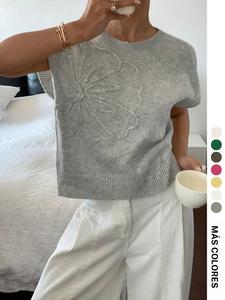 Top de punto elegante con cuello redondo para mujer, chaleco suéter holgado para primavera/verano, patrón liso casual, chaqueta tipo pulóver estilosa