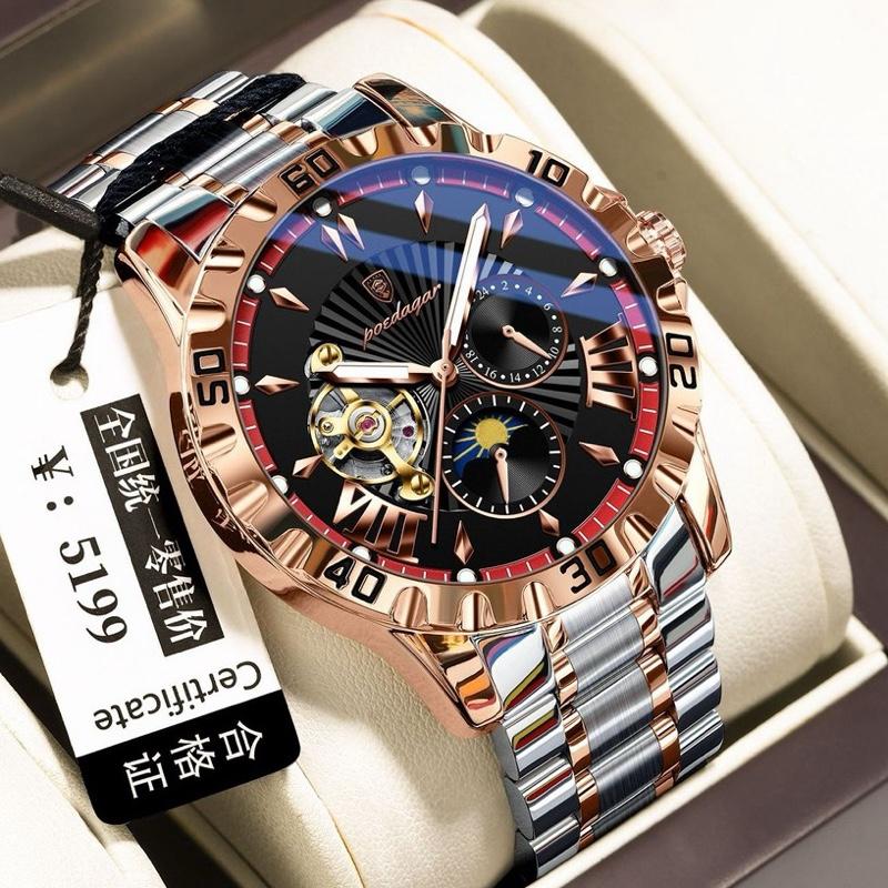 POEDAGAR- ĐỒNG HỒ CƠ TỰ ĐỘNG DÀNH CHO NAM DÂY THÉP ĐÚC ĐẶC DẠ QUANG PHÁT SÁNG CHẠY FULL KIM NHỎ SẢN PHẨM CHÍNH HÃNG FULL HỘP.