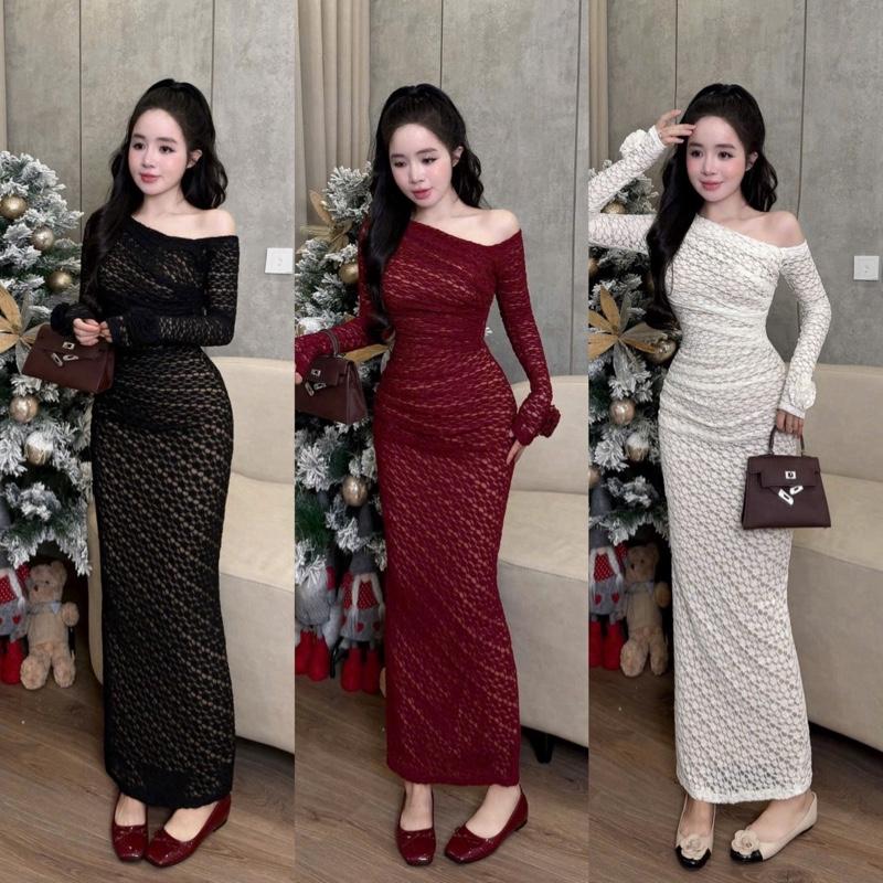 Pk621 Váy Body Ren Dài Tay Hoa ảnh thật tôn dáng nữ tính 38-54kg sz S M