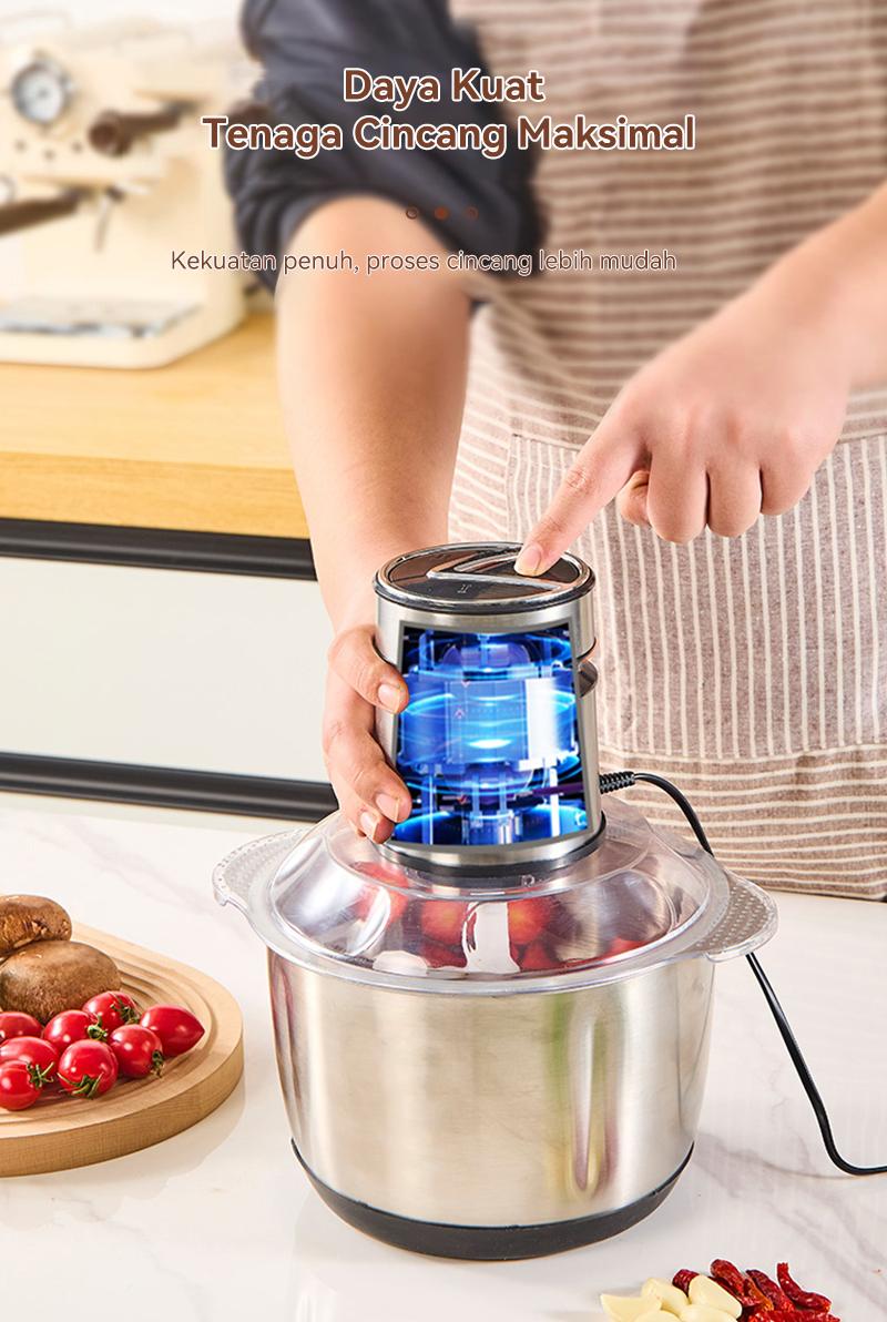 Penggiling/blender daging rumah tangga untuk daging, sayuran, dan buah-buahan, kapasitas 2 liter.