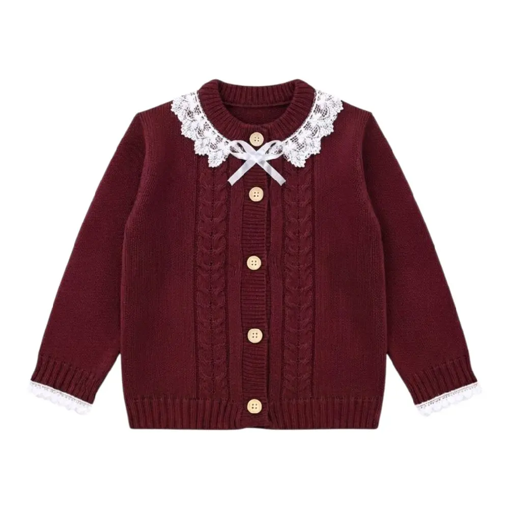 Sweater Rajut Kardigan NERA Maroon Renda Pita Kekinian Atasan Anak Perempuan Korean Style Untuk Usia 3-12 Tahun