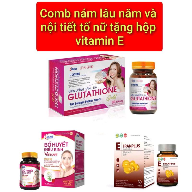  TPBS:Combo Viên uống Glutathione và viên bỗ huyết điều kinh tặng hộp vitamin E++ thực phẩm bổ sung hổ trợ chăm sóc da 