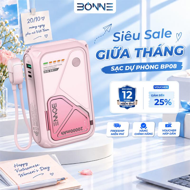 - MN Sạc Dự Phòng Bonne TECHNOLOGIQUE BP08 10.000mAh/20.000mAh Không Dây Kiêm Củ Sạc Nhanh Bảo Hành 12 Tháng