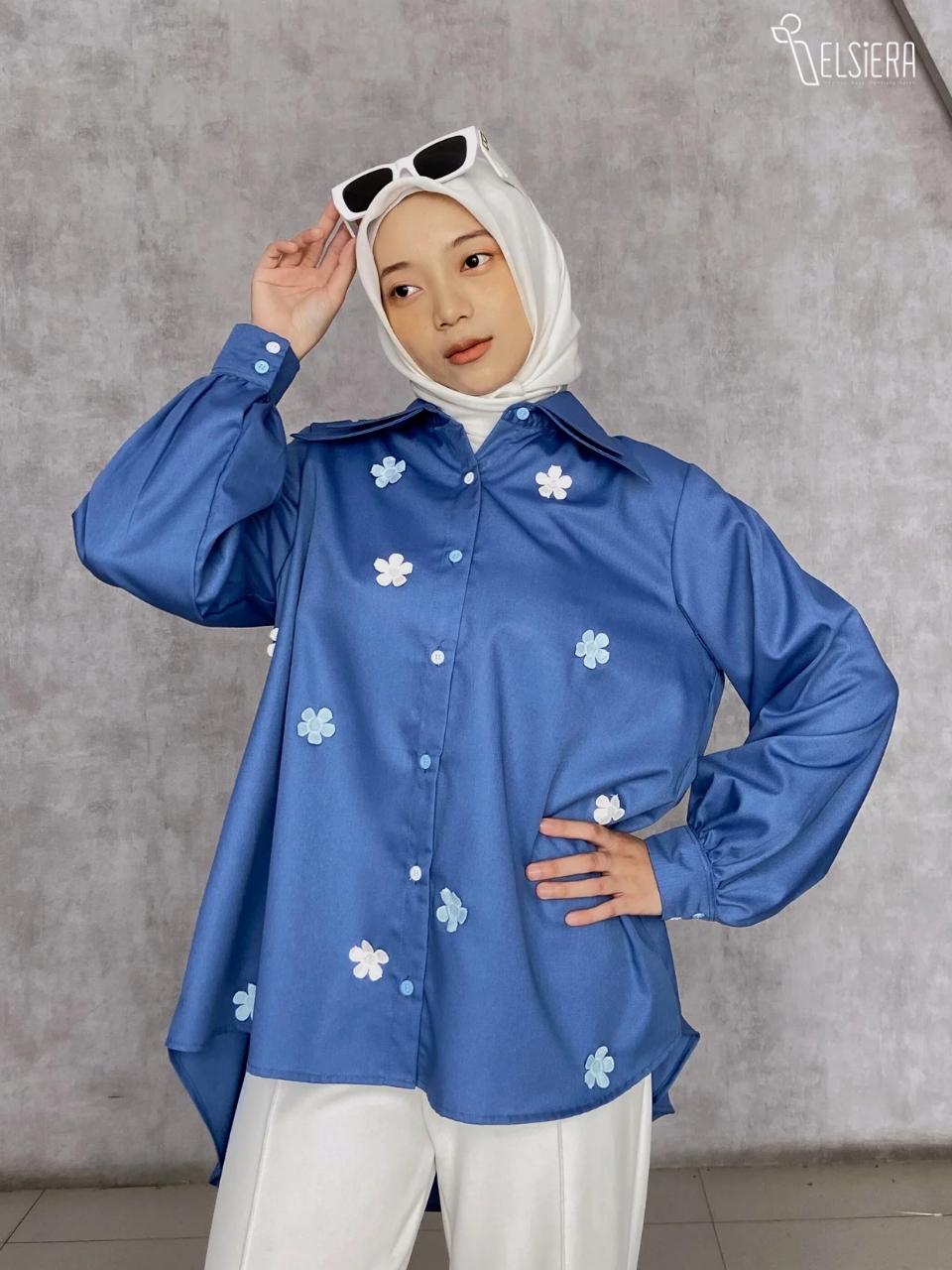 Elsiera Xadrea Shirt Atasan Wanita Kemeja Oversize Bordir Bunga - Deep Blue