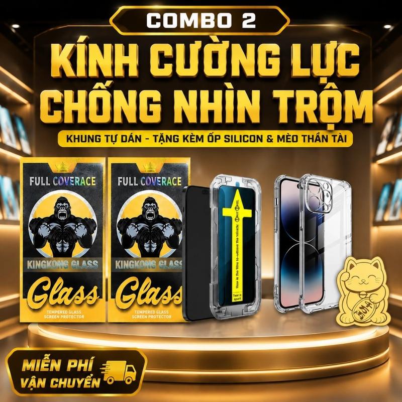 Combo 2 Kính Cường Lực Iphone Chống Nhìn Trộm Khung Trợ Dán, Cường Lực Full Màn Cho ip x xs xr 11 12 13 14 15 16 17 pro max plus, Tặng kèm ốp chống sốc, mèo thần tài - Cuong luckingkong, cường lực tự dán iphone, kingkong chống nhìn trộm