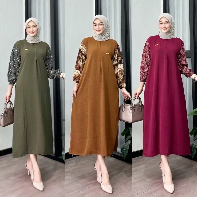 Paket Daster 3 Pcs  Gamis Crinkle Airflow Ld 120 Pb 130 Kombinasi Lengan Motif 8