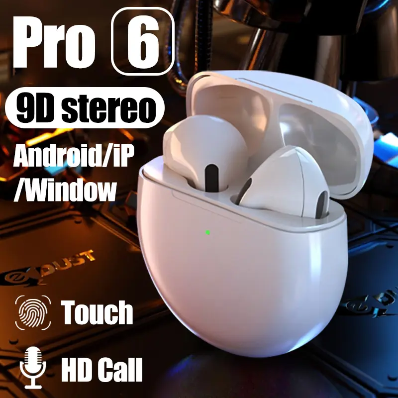 Pro 6 Headset Bluetooth TWS with Mic Support Call Earphone Bluetooth Henset Bloetooth HiFi Stereo Earphone Wireless