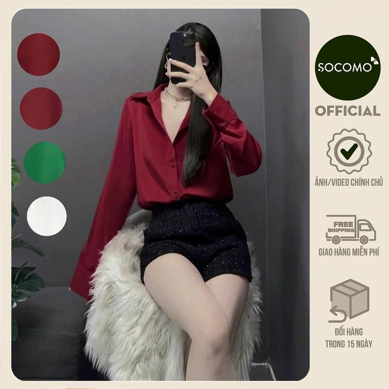  Socomo Áo sơ mi nữ lụa sang chảnh cao cấp nhiều màu A12024 Top Women Đỏ Voi Voan Jean 