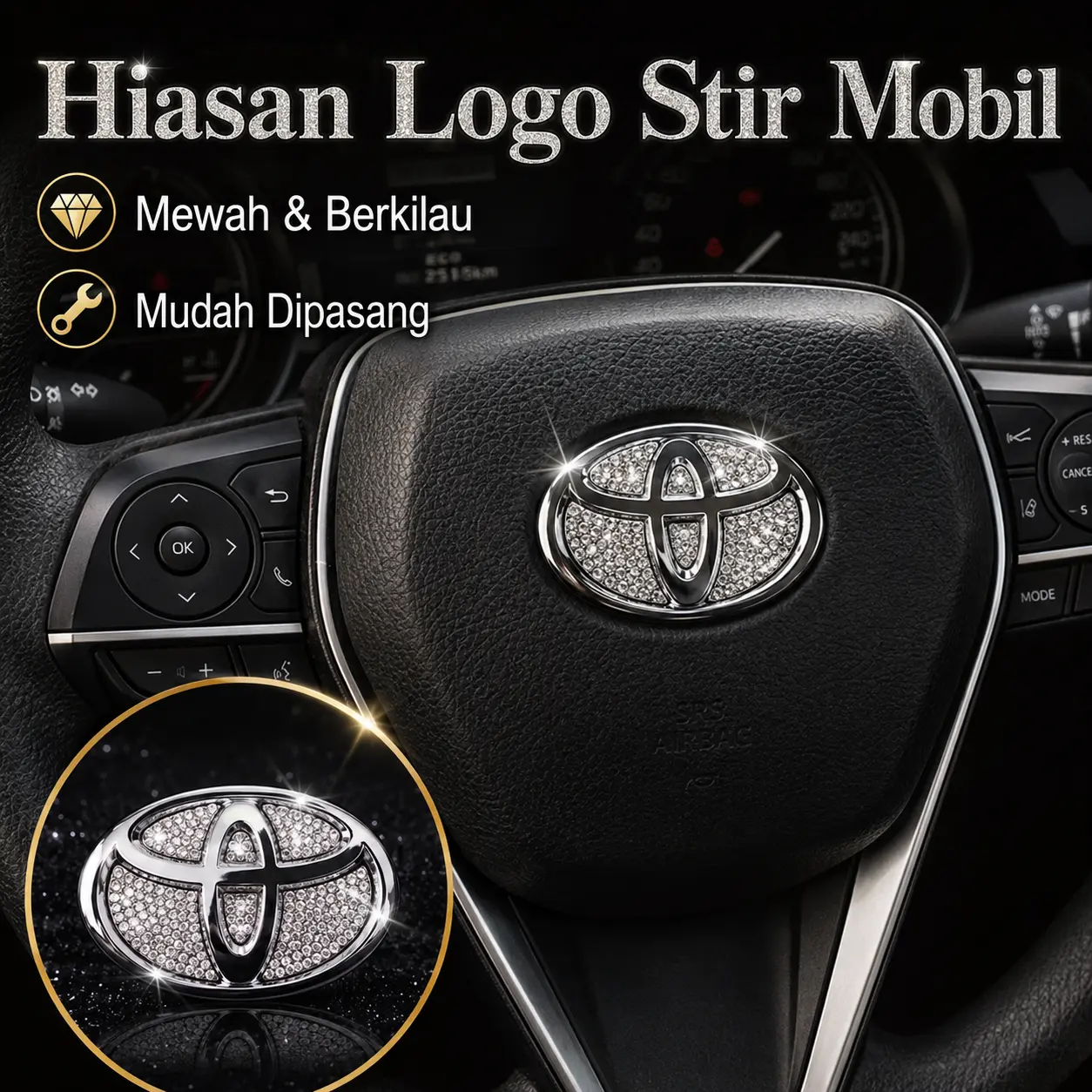 Stiker Hias Setir Mobil Berlian Universal Dekorasi Interior Mobil Aksesori Kemudi Warna Perak