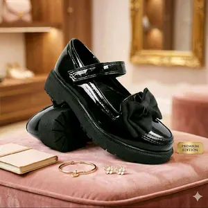 Sepatu Wanita Premium Edition Dengan Hiasan Bow Dan Tali Strap Hitam Glossy Fashion