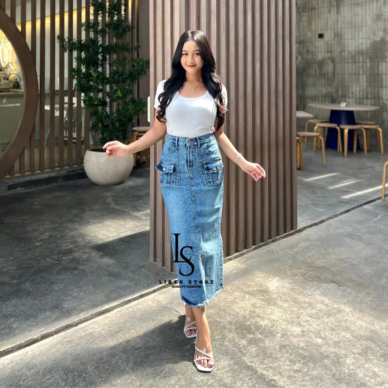 Moreen  rok Jeans Rawis wanita -  Moreen rok Span Stretch Korean Style Panjang  Denim Midi 1