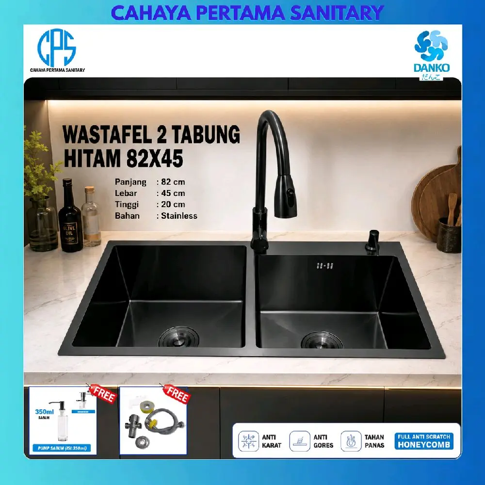 Kitchen Sink Black 8245 Bak Cuci Pirin nog Hitam 2 Lubang Stainles Kran