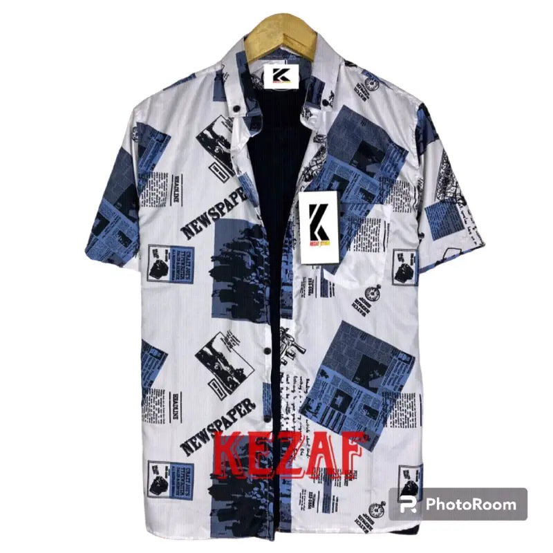Kemeja Motif Koran Pria Kualitas Premium Kasual Katun Lengan Pendek Baju Distro Katun Biru Merah Surfing Nyaman Santai Crew Neck 4