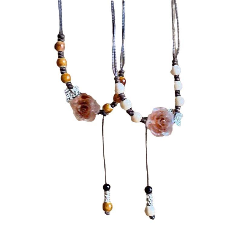Chinese Ceramic Rose Necklace - Adjustable Long Chain Neo-Traditional Braided Collarbone Necklaces for Romantic Style 4