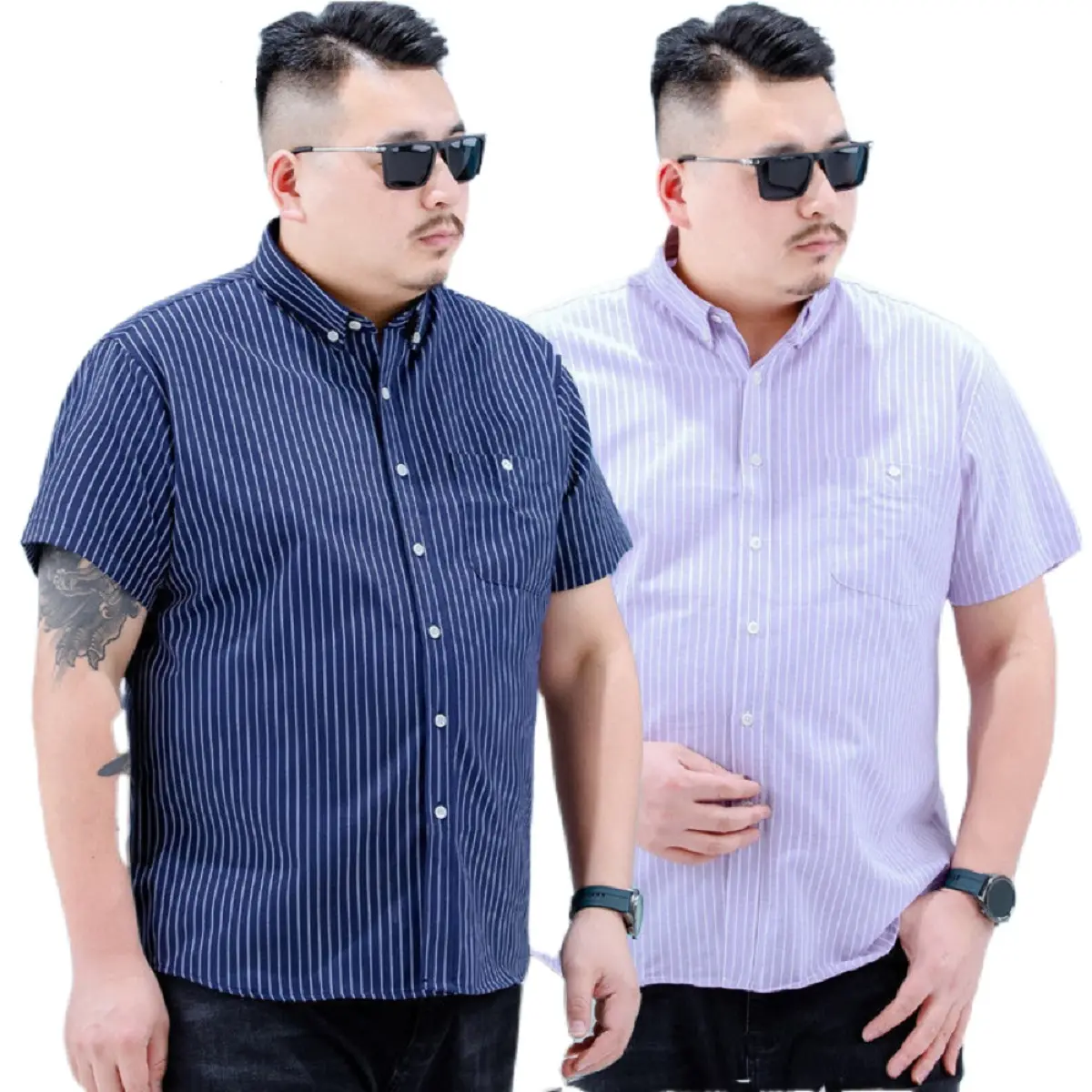 60-175KG Oversized Men Cotton Striped Top Plus Size Short Sleeve Business Casual Shirt