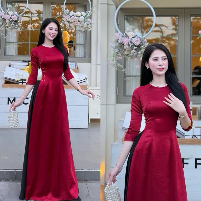  Áo Dài Lụa Gấm Tráng Gương Đỏ Cổ Tròn- Sang Trọng Đón Xuân-AD25 