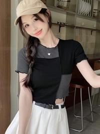 Gambar Women Crop Top Two Color Round Neck Short Sleeve 1802 (S/M/L) - Black Combi Grey, S dari 99koutlet Kab. Tangerang 3 Tokopedia