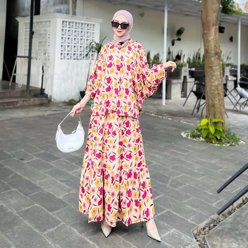 Setelan NAURA 0ne set baju dan rok Motif Kekinian Busui Friendly Wanita   Rayon Batwing Kancing Panjang Twill Lembut Viscose Atasan Nyaman Kerah Celana Bawahan 8