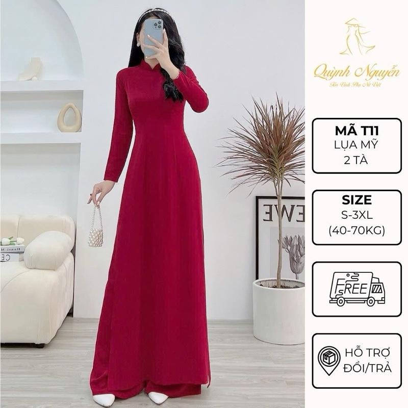 Áo dài trơn áo dài lụa mỹ cổ truyền thống trơn màu đỏ đô 2 tà tay dài tà A co dãn trẻ trung mịn mát - MÃ T11 Nữ  Women Dress 