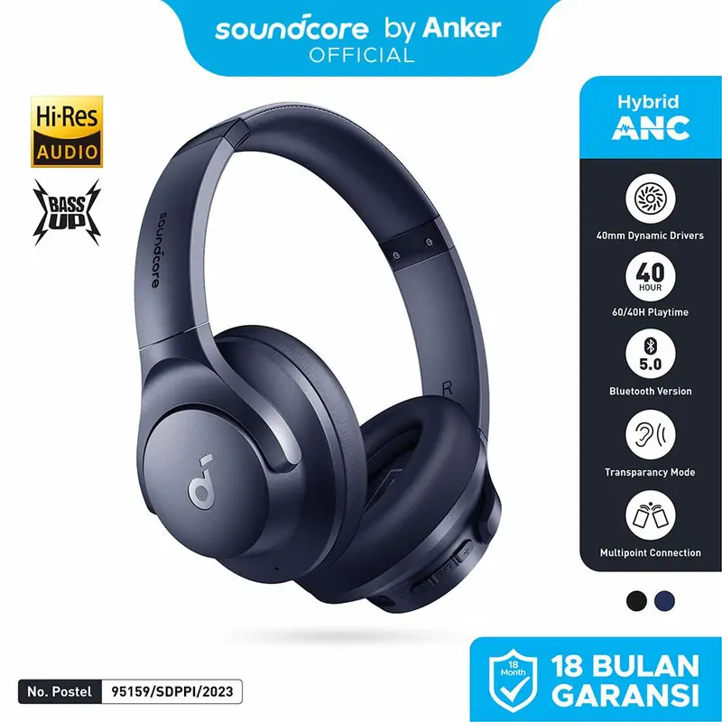 Soundcore by Anker Q20i Bluetooth Headphones with Mic Hi-Res Hybrid ANC Headset with Noise Cancelling Wireless Headphone Over-the-Ear Headphones - A3004 1