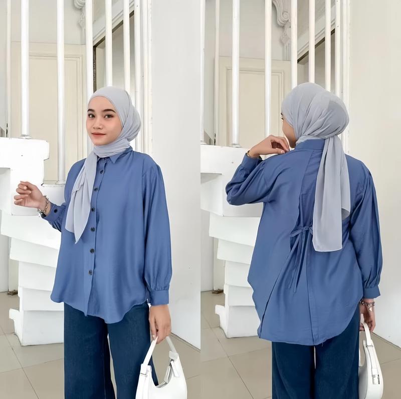 Atasan Kemeja Basic Wanita Tali Belakang Polos Bahan Polo Linen Premium 5