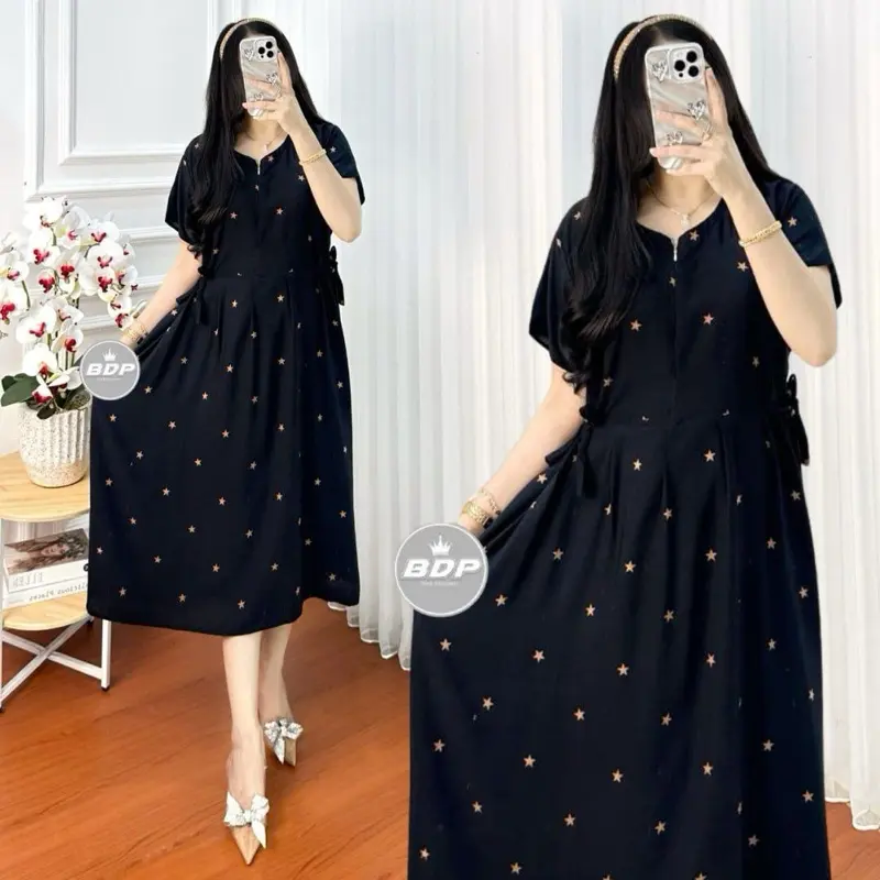 Daster Chibi Rayon Premium Gread A Motif Polkadot Bintang Tali Samping Ld 110 Dress Wanita Harian Santai Busui Resleting Baju Tidur Wanita Bumil Lengan Pendek Nyaman Batik Motif Terbaru Serut Panjang Kancing Kain 2