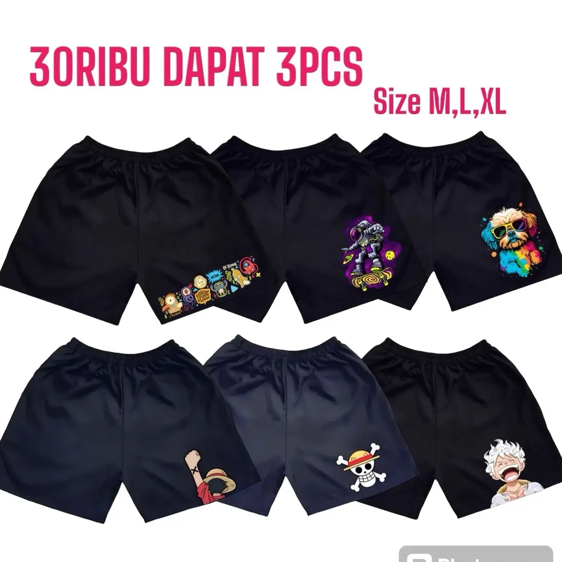 Paket 30k 3pcs celana boxer kolor hitam sablon printing dtf Nyaman Shorts Pantai Tidur Cowok Pria Distro  Santai Pendek