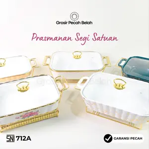 Fiorenza - Prasmanan Keramik Segi Set Wadah Saji & Basi Penghangat Makanan Kitchenware | Motif Marble Embos Lining Gold Rose Gold Mewah 712A