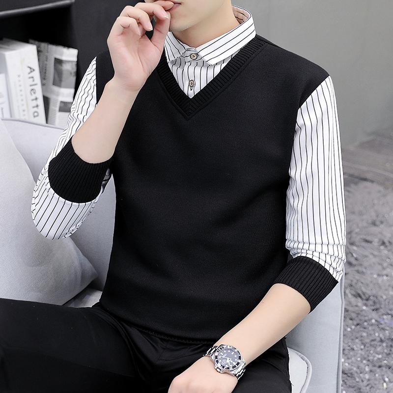Not Fleece-lined/Fleece-lined Autumn and Winter Men's Youth Top Sweater Warm Thickened Sweater Fake Two Pieces Shirts Men 3