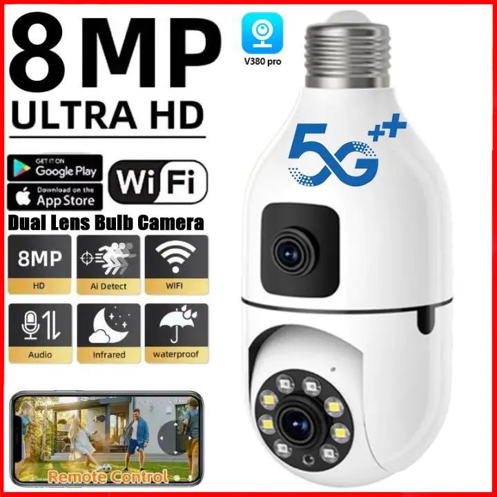 Dual Lens CCTV Bulb Camera NO WIFI Needed 5G Outdoor Wireless Connect TO Phone 360 HD 8MP