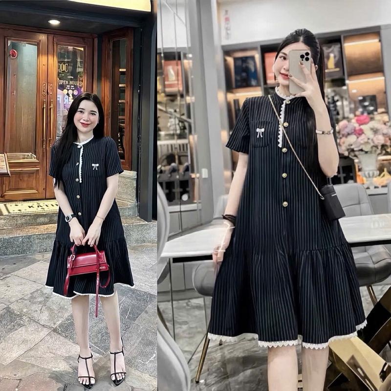 Váy Bầu Thiết Kế- Váy bầu thời trang Babydoll cổ Tàu kẻ sọc đen viền ren thêu nơ túi ngực sang chảnh