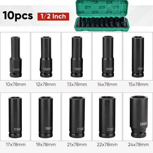 Impact Socket Set 1/2 Inch Drive 10PCs, 10mm-24mm Mertic Automotive Trucks Tractors Engines Repairing DIY Mechanic Tool ;Impact Deep Socket Set 10Pcs 10-24mm Durable Reliable Drive Cr-Mo Steel for Professional Repair DIY Tasks with Carrying Case 1