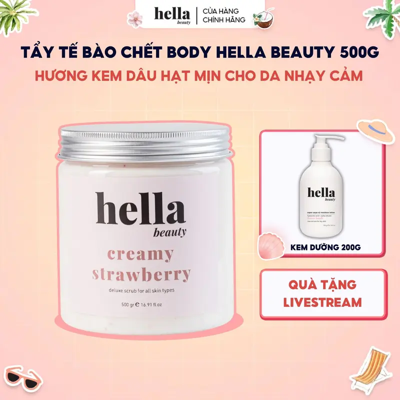 (TẶNG 1 QUÀ) Tẩy Tế Bào Chết Body Kem Dâu Hella Beauty 500g Dành Cho Da Nhạy Cảm 0