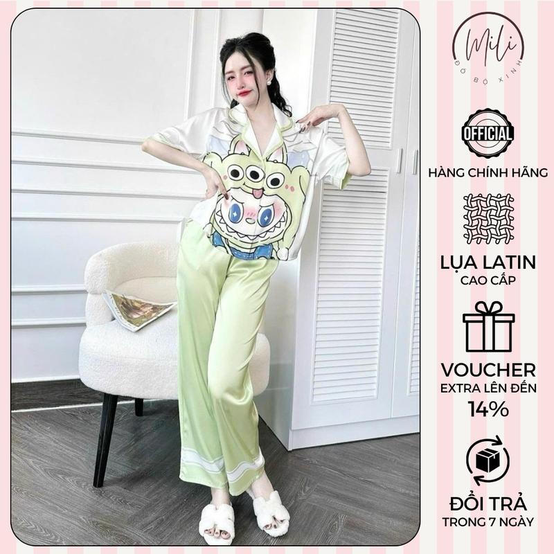 Bộ Đồ Ngủ Nữ Form Rộng MiLi – Áo Tay Ngắn Croptop Labubu, Vải Lụa Latin Cao Cấp, Họa Tiết Dễ Thương