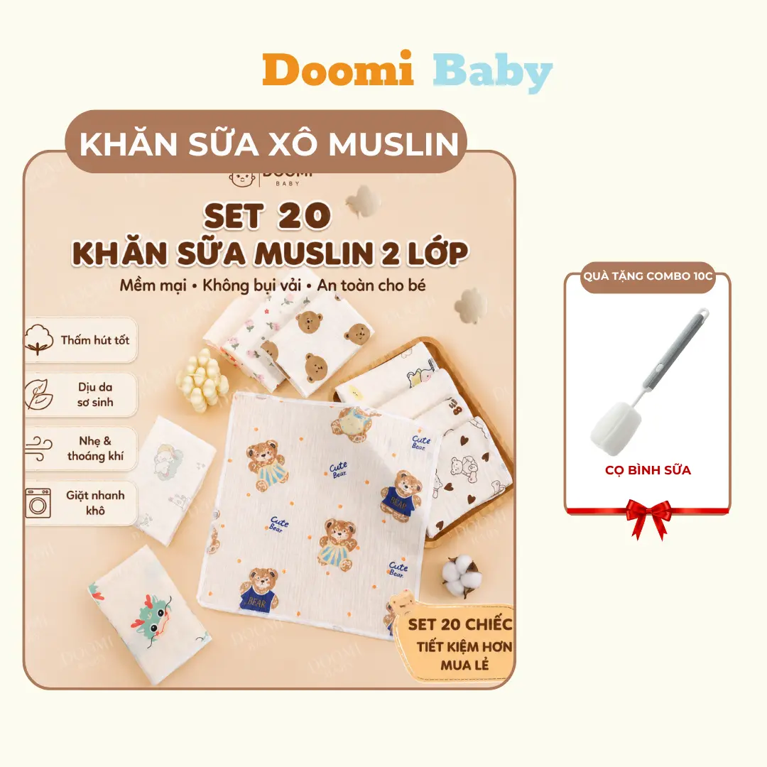 [Tặng Cọ Bình] Khăn Sữa Vải Muslin 2 Lớp Cao Cấp Cho Bé Chính Hãng Doomi Baby - HT828 - HT635
