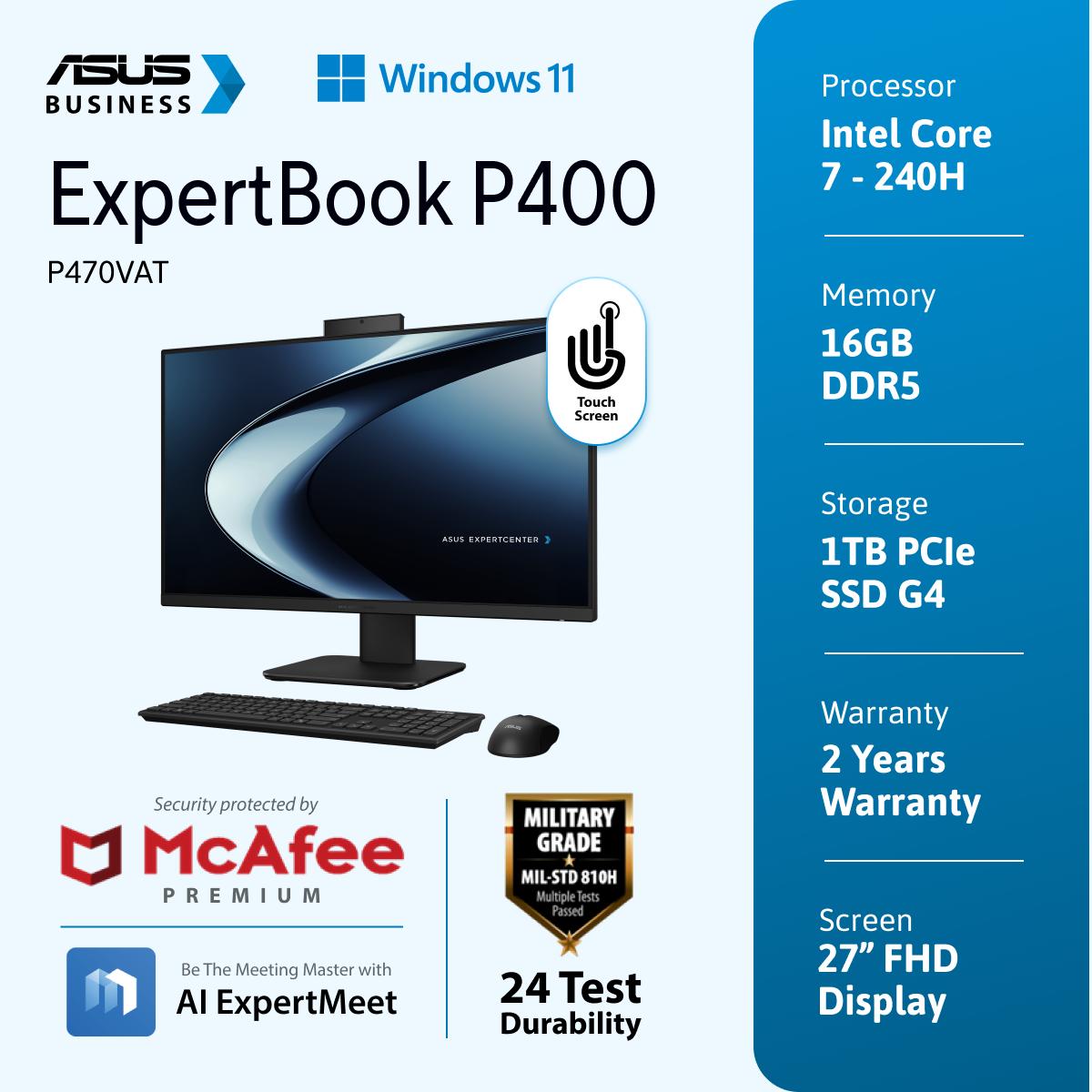 ASUS ExpertCenter P470 [P470VAT-B7112WSH] 27" FHD Touch/intel 7-240H/DDR5 16G/1TB PCIe SSD G4/Win 11 Home +OHS'24+M365/2YOSS (1Y ADP)/Black  (HAS Stand/IR Cam/TPM/WiFi 6E/Wireless KB&MS/HDMI-in/Mcfee)