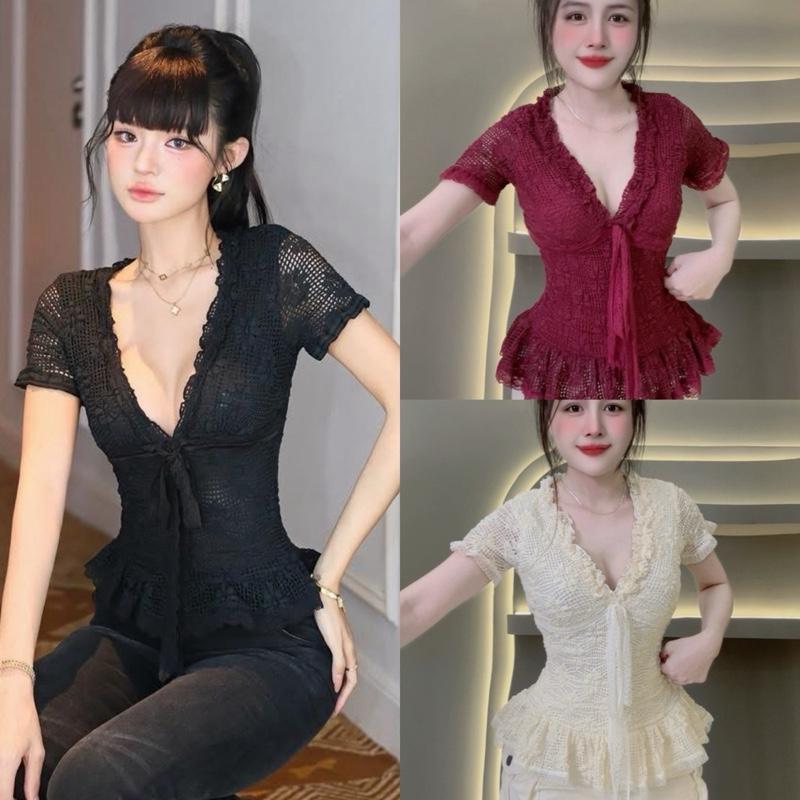 Áo TK vãi ren cao cấp   cổ tim tay nhí phối viền bèo nhà Lynh Zena _B25