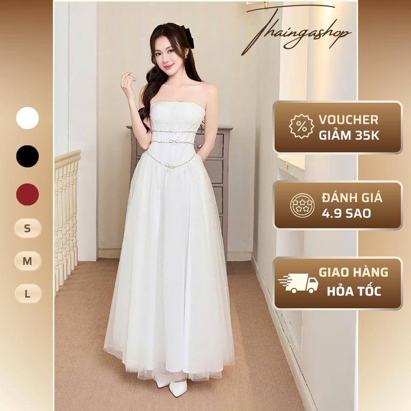 Đầm dự tiệc hai dây cúp ngực dáng dài phối lưới xoè kèm tag hoa màu trắng, đen, đỏ sang chảnh