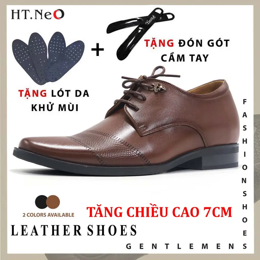 Giày nam buộc dây tăng chiều cao 7cm HT.NeO,Giày tây công sở độn đế mũi nhọn dập lỗ họa tiết laze lịch lãm 6785
