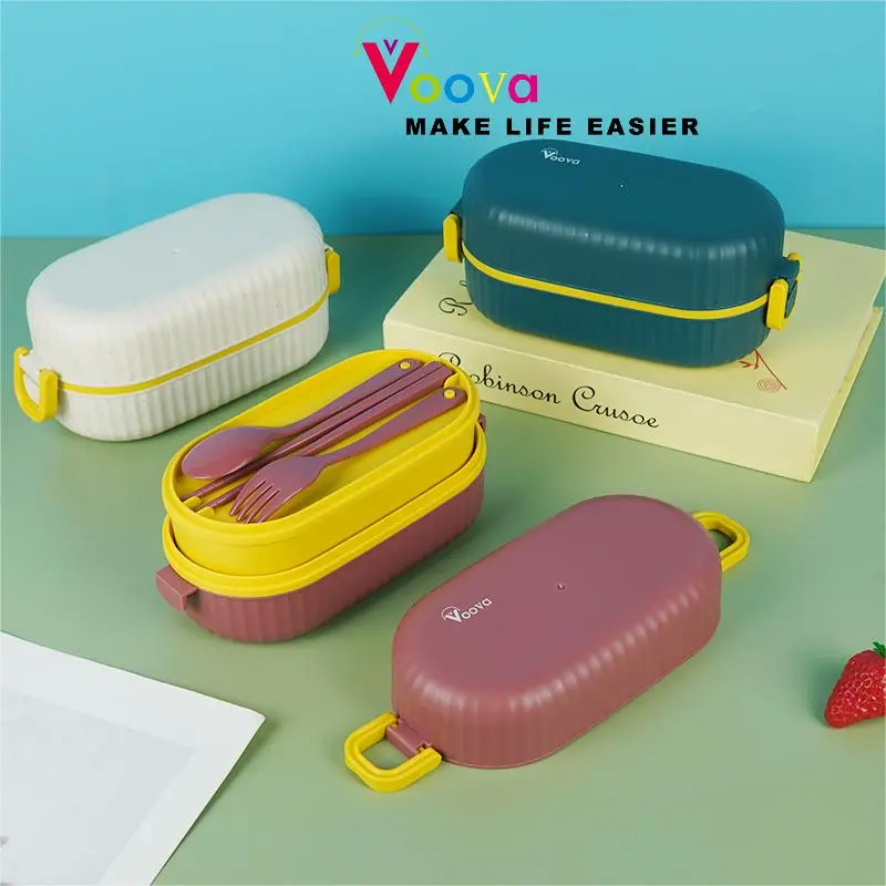 COD VOOVA Lunch Box 900ML Set Kotak Bekal Makan 2 Sekat/ Tempat Makan Motif Lucu/ Tempat Bekal Makan Anti Tumpah/ Lunch Box  Kedap