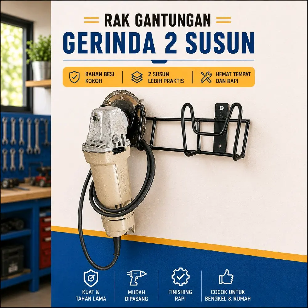 Rak Gantungan Gerinda 2 Susun Bahan Besi Kokoh Hemat Tempat dan Rapi Cocok untuk Bengkel & Rumah