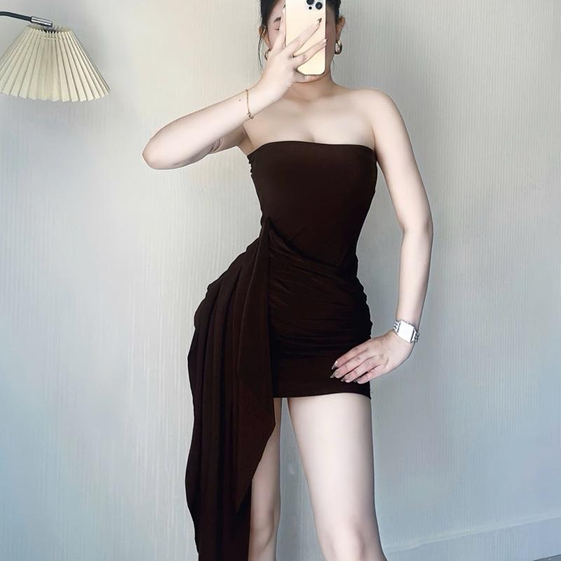 Váy nữ xinh đầm body 406 nữ dự tiệc cúp nhún xếp ly eo Tà lệch sang trọng quý cô Vải ladong Nữ