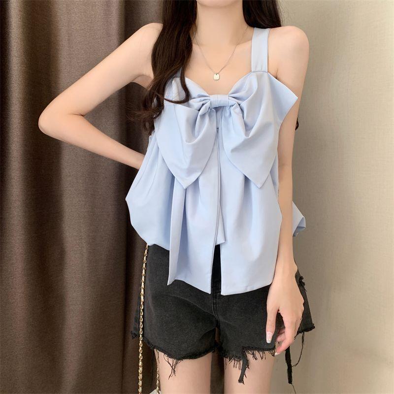 Tiktok Hot Sale French Sweet Bowknot Loose Small Sling Vest Women's Inner Wear Summer Niche Design Outer Wear Short Top 2